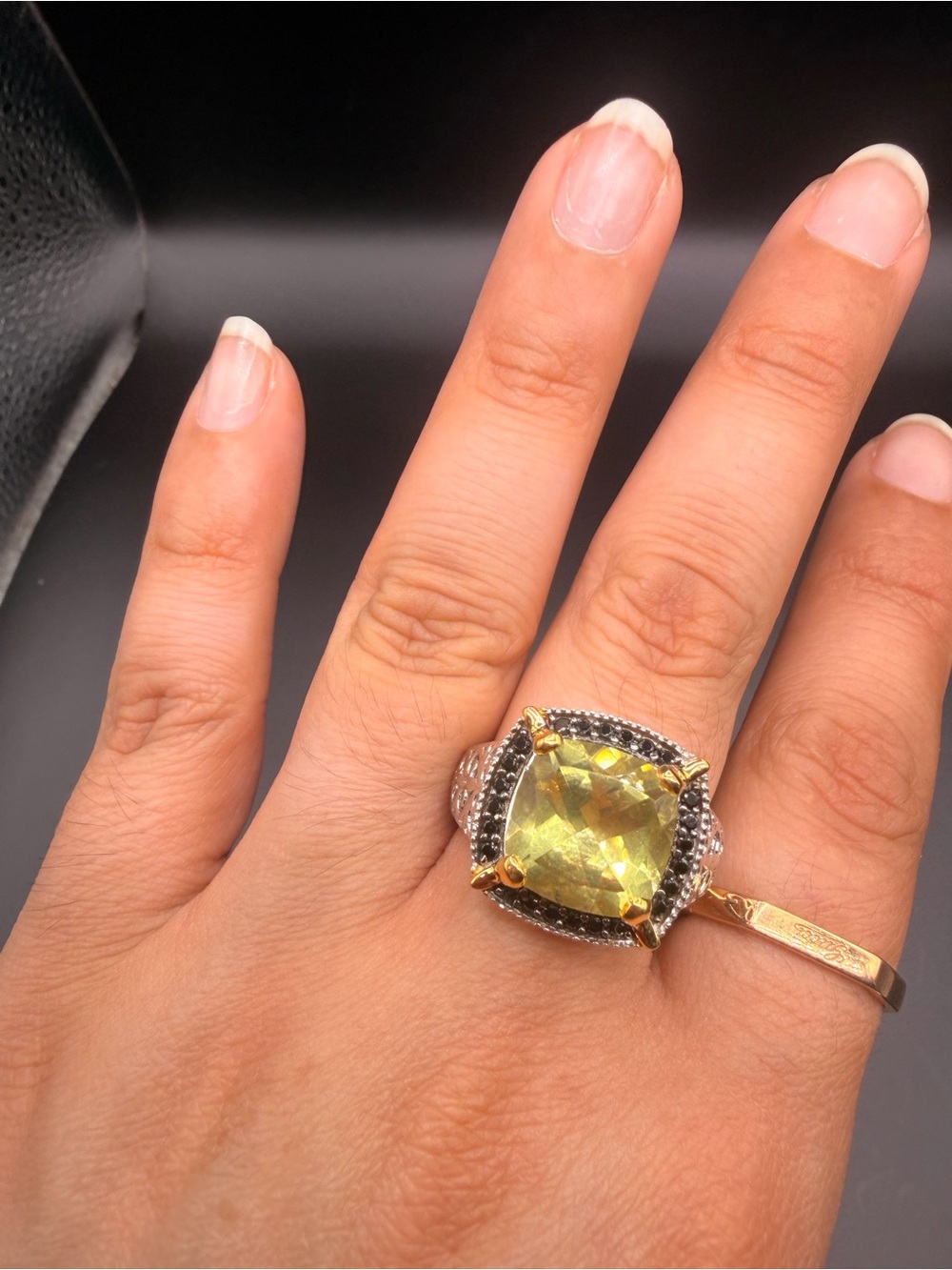 925 Sterling Silver Lemon Quartz & Black Diamond Ring Size 10.